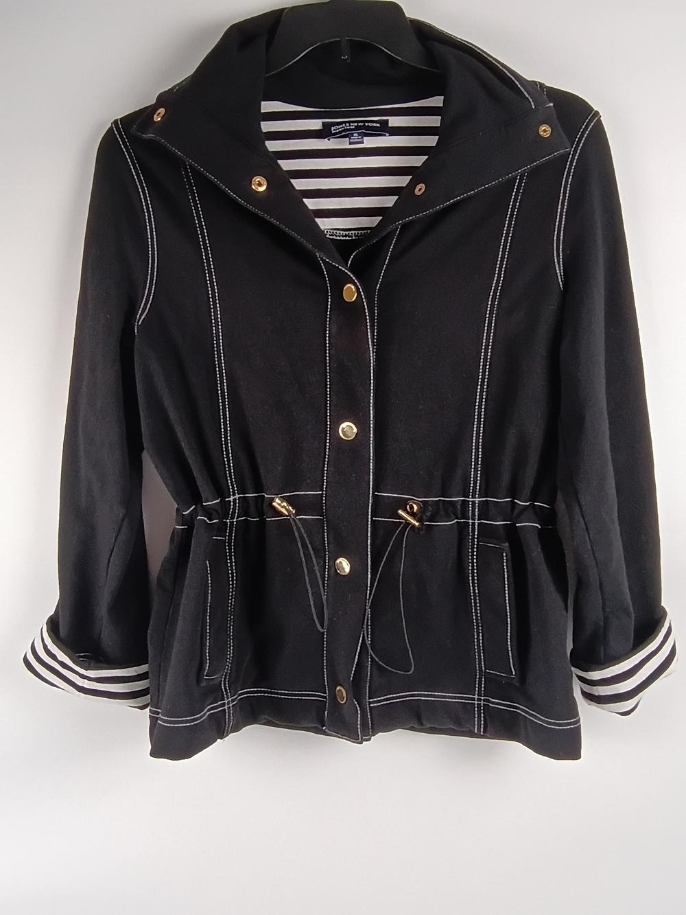 Black Drawstring Hooded Jacket with Contrast Stitching Jones New York Large